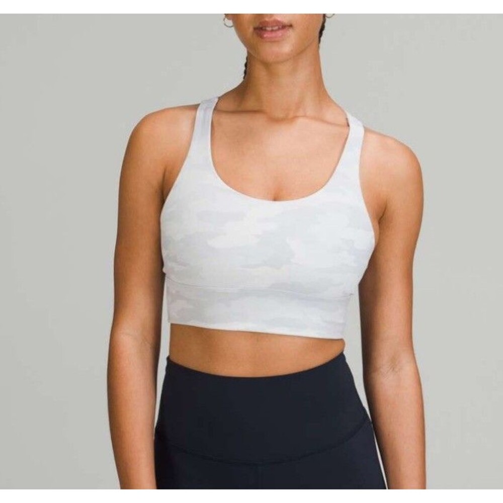 Lululemon Energy Longline Bra Sz 8 White Camo Medium Support B-D Cups Sports Bra